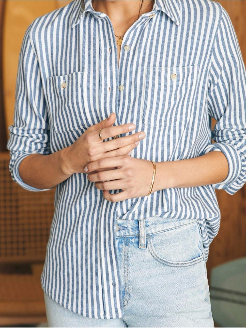 Faherty Blue & White Striped Button-Down “Legend Sweater” Shirt - Picture 3 of 8